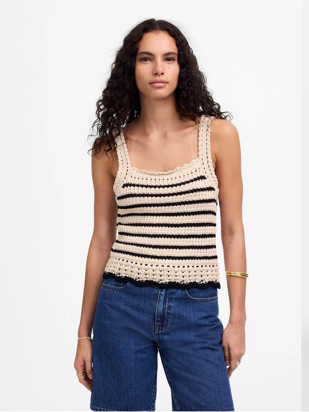 Crochet- Stitch Striped Sweater 100% Cotton Tank Top Cream & Black- S